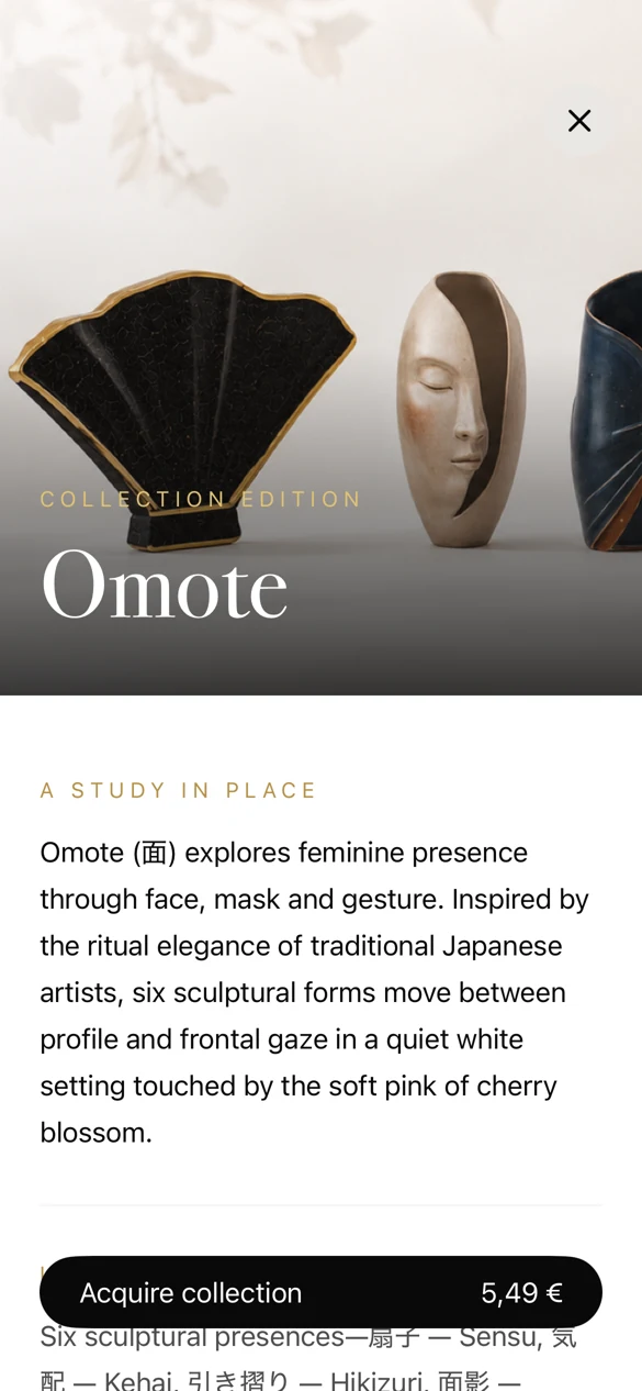 Kintsugi Atelier Omote collection page, showing sculptural masks and its collection description.