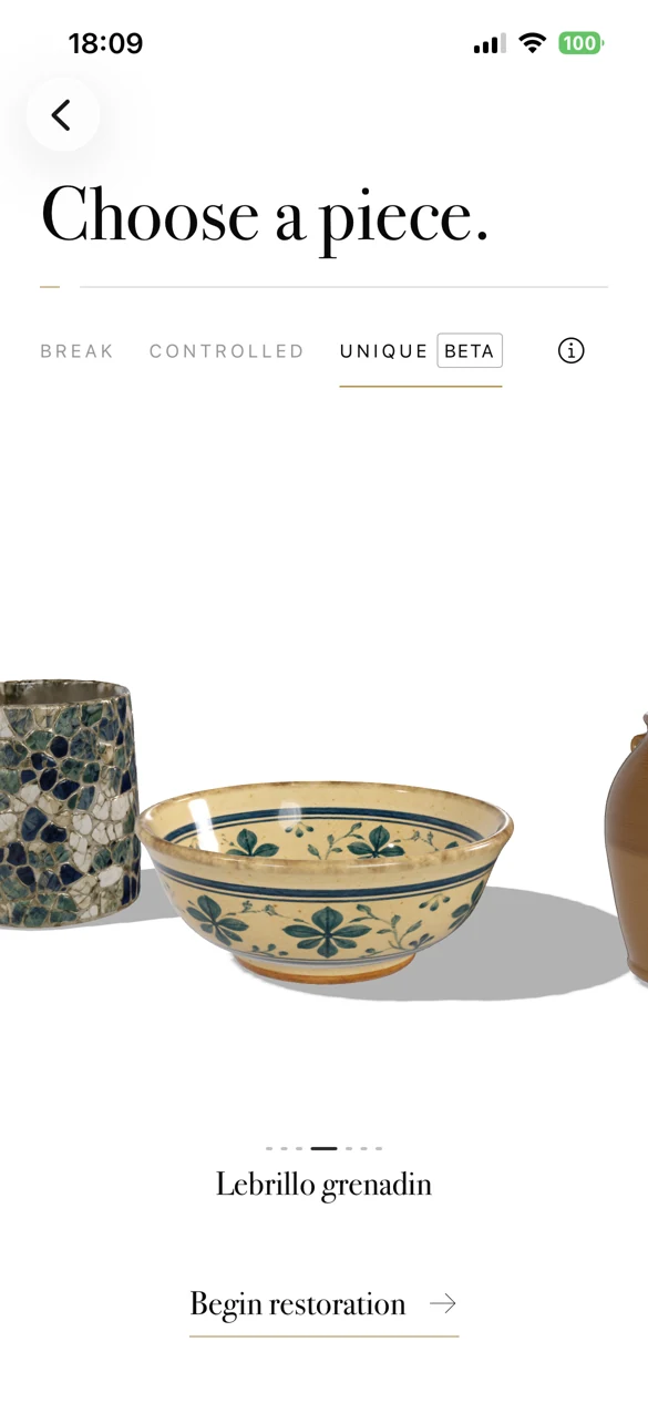 Kintsugi Atelier piece selection with a decorated Lebrillo grenadin bowl and Begin restoration action.