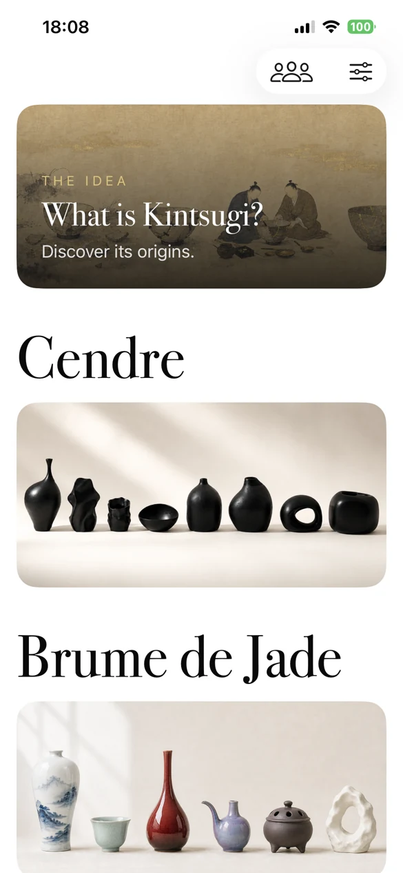 Kintsugi Atelier collection catalogue showing black Cendre ceramics and Brume de Jade vessels.