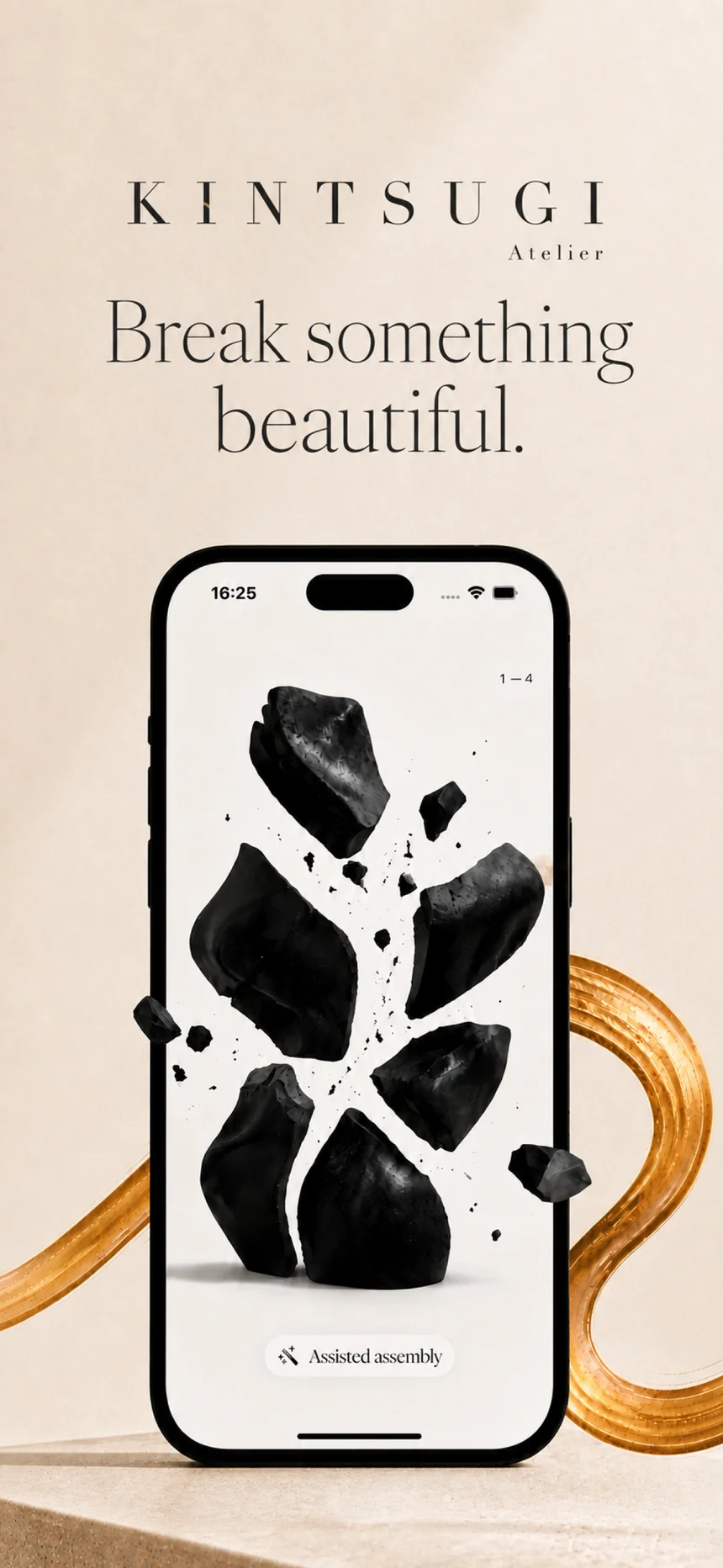 Kintsugi app preview: a black ceramic form broken into fragments