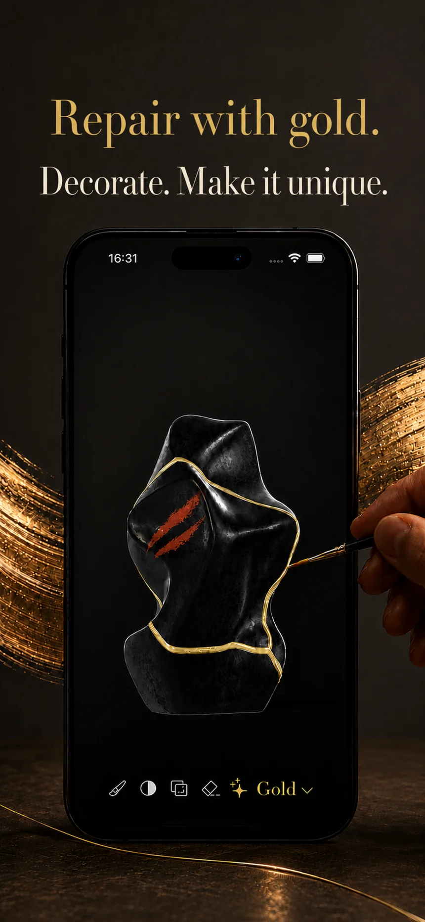 Kintsugi app preview: tracing gold along a repaired black vase and adding decoration