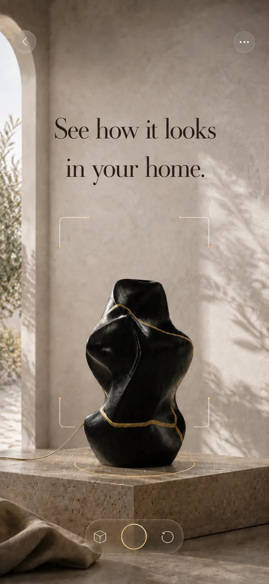 Kintsugi augmented reality preview: a restored ceramic sculpture displayed in a sunlit home