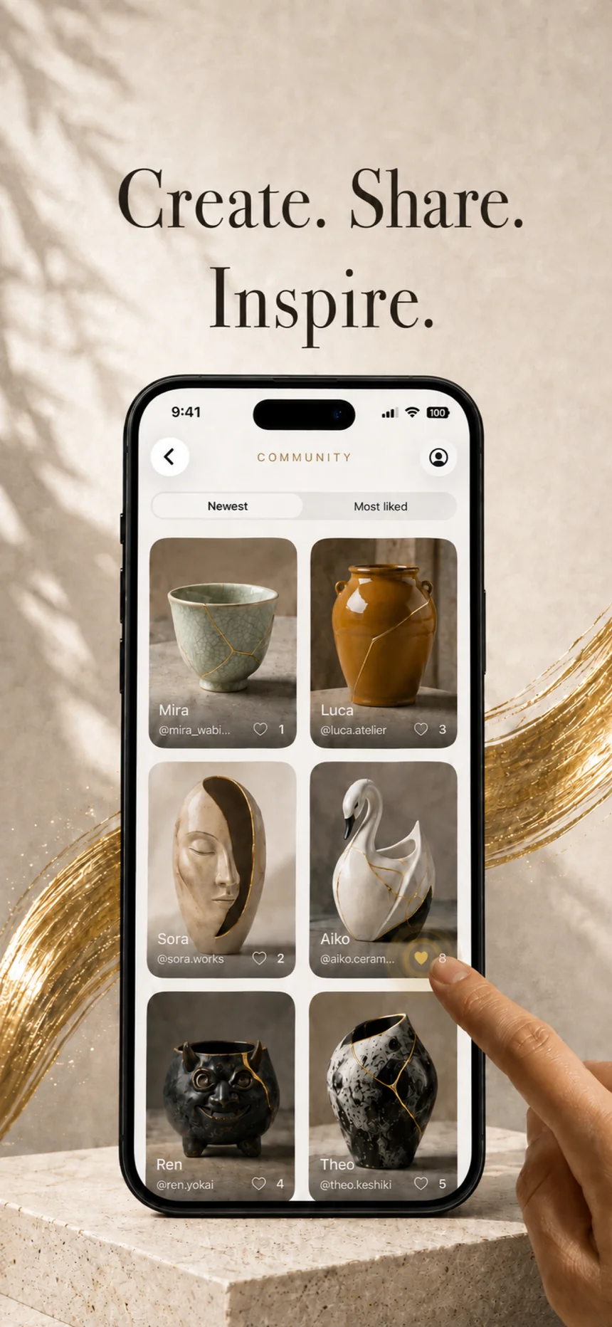 Kintsugi Community showroom with ceramic bowls, vases, a mask, and a swan repaired with gold